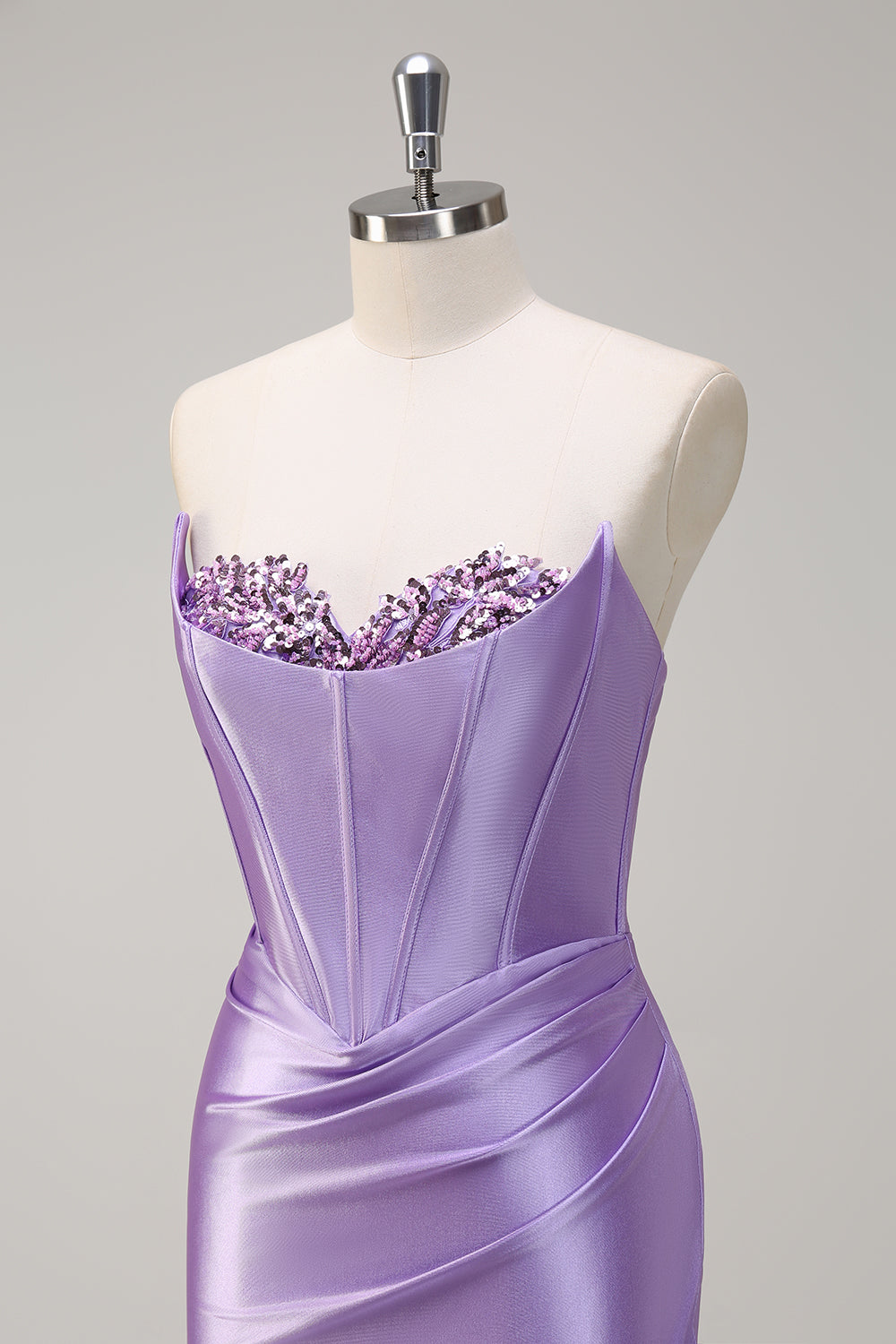 Sparkly Lilac Mermaid Strapless Corset Sequin Satin Long Prom Dress with Slit