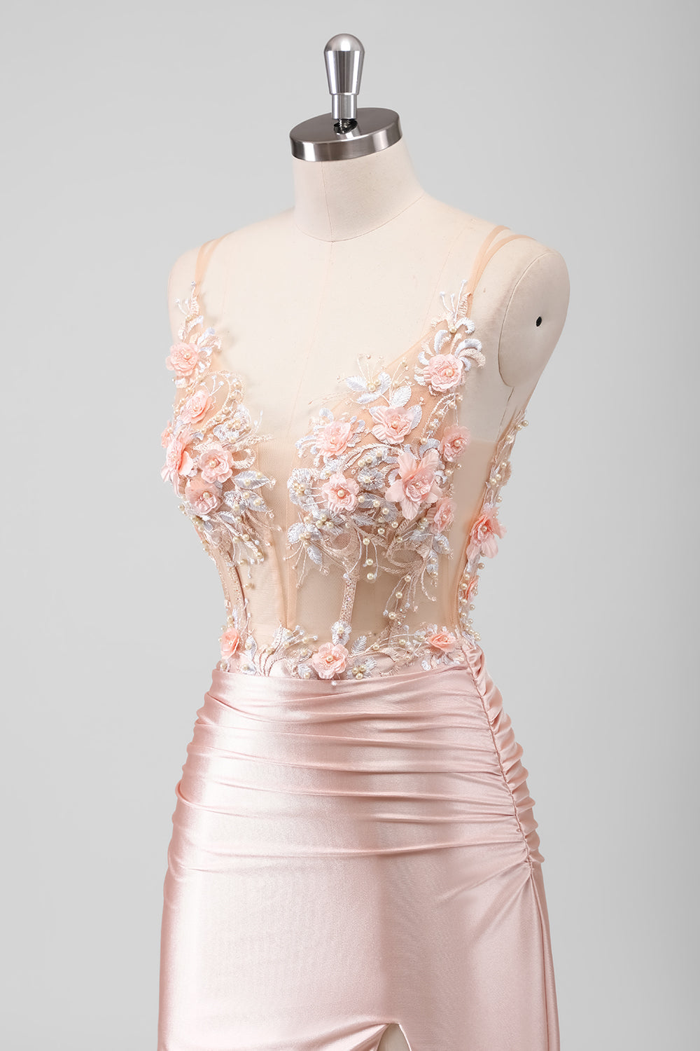 Peach Floral Mermaid Spaghetti Straps Long Prom Dress with Slit