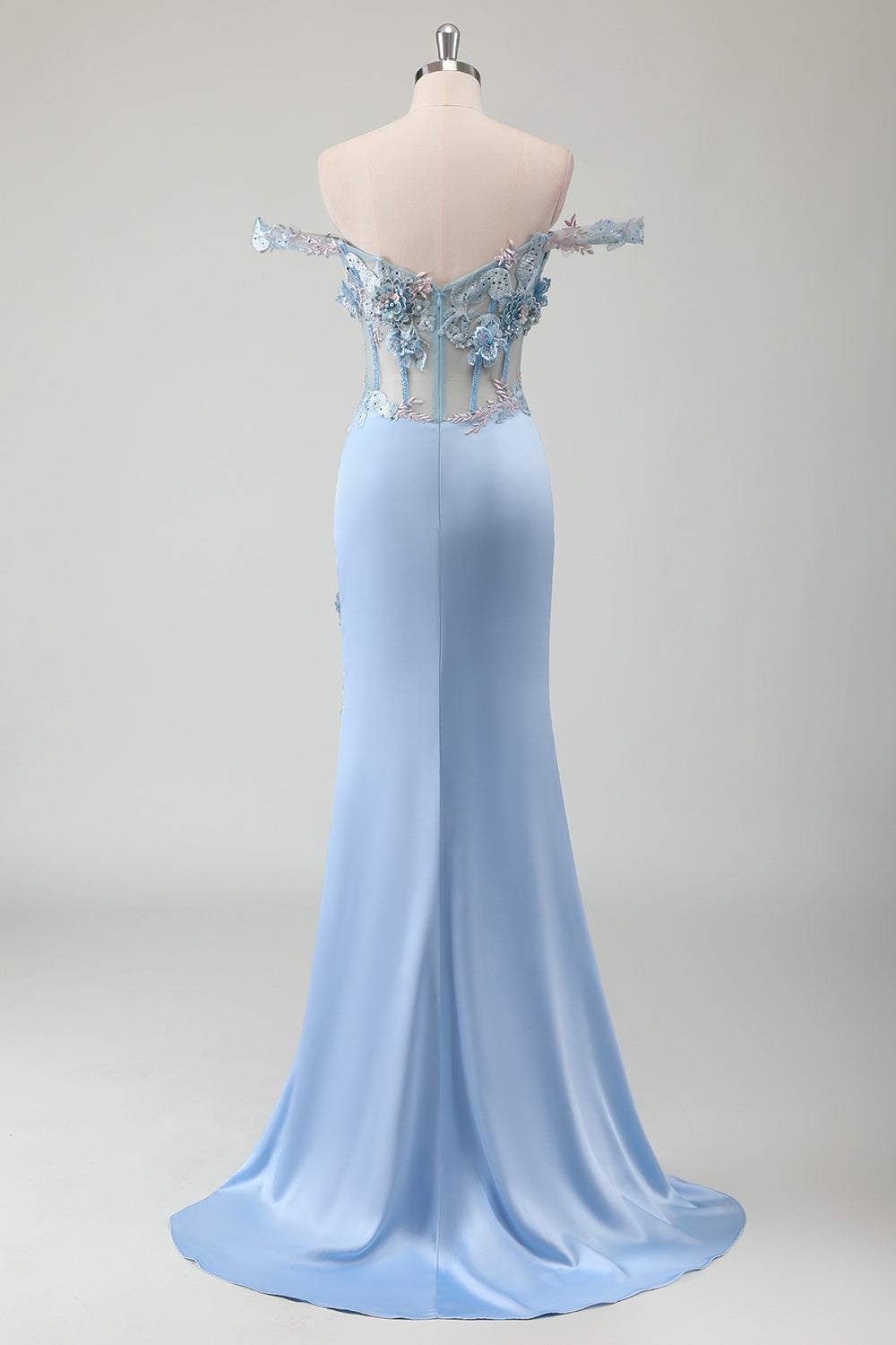 Sky Blue Mermaid Applique Off The Shoulder Prom Dress with Slit