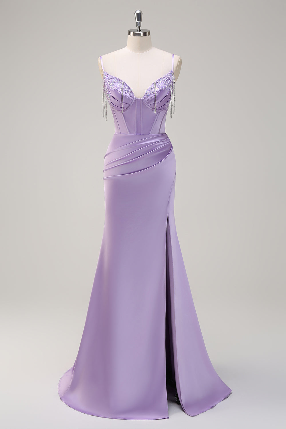 Lilac Mermaid Spaghetti Straps Tassels Long Prom Dress with Slit