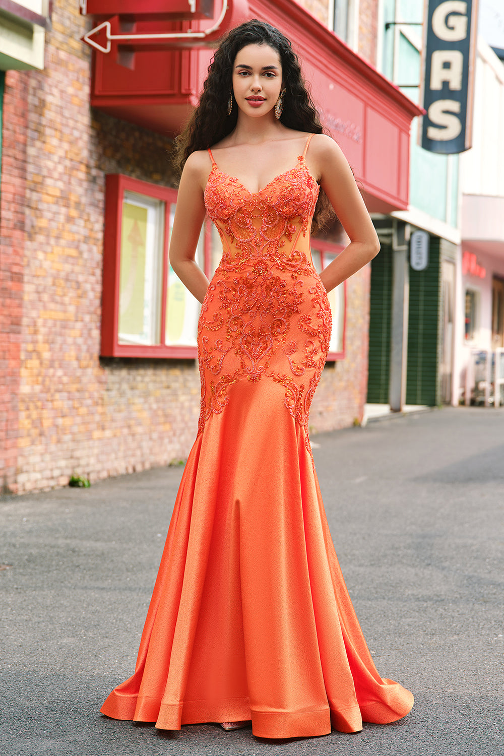 Sparkly Orange Mermaid Spaghetti Straps Beaded Corset Prom Dress with Lace