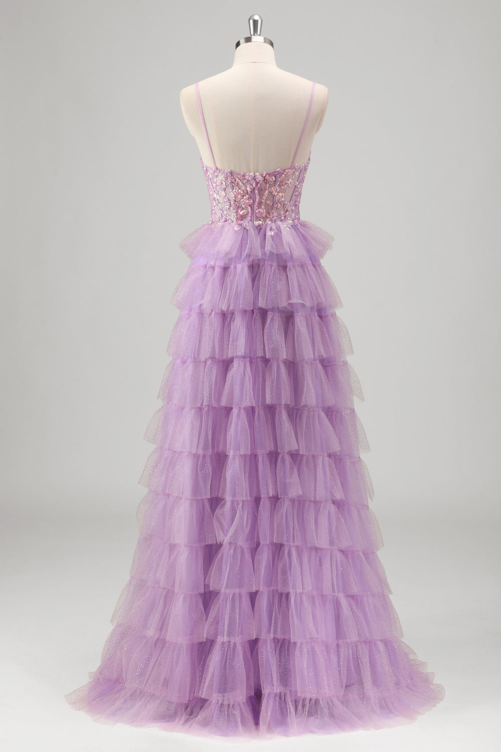 V-Neck Sparkly Lilac Tiered Spaghetti Strap Long Prom Dress with Slit