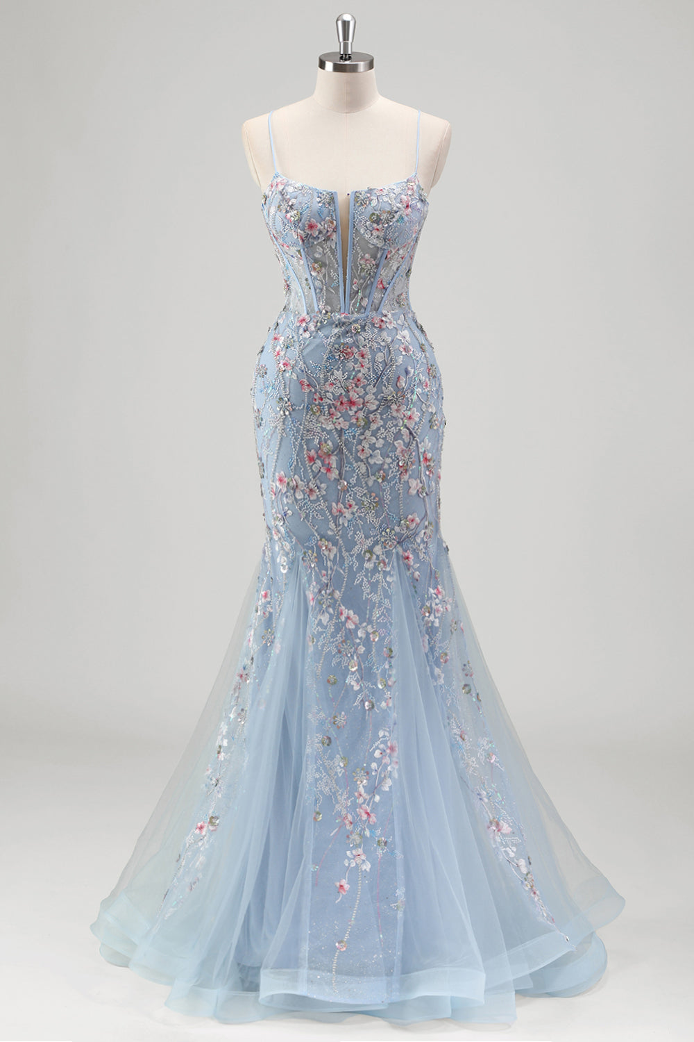 Floral Light Blue Mermaid Spaghetti Straps Corset Long Prom Dress