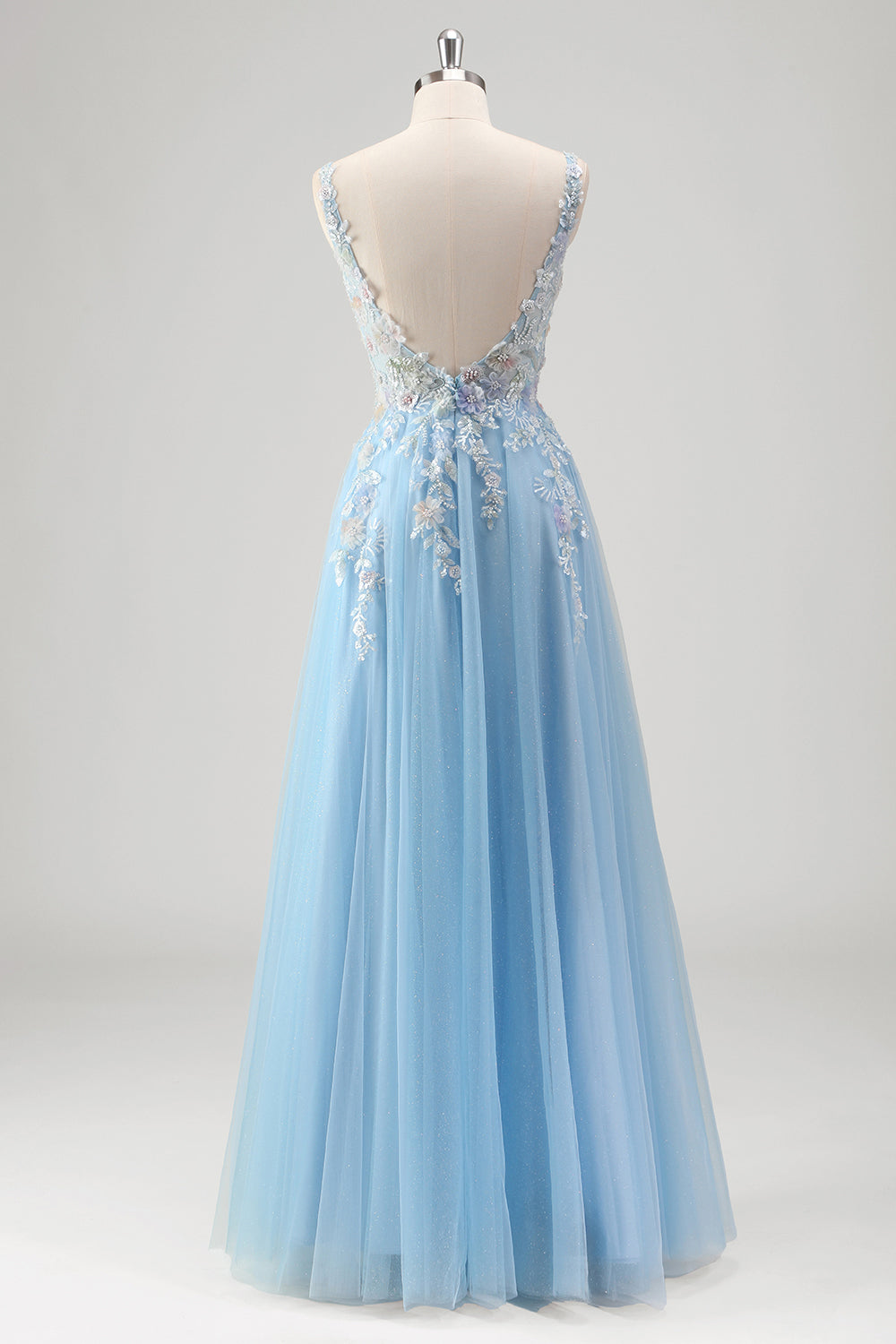 Sparkly Light Blue Applique Spaghetti Straps V-Back Long Prom Dress with Slit