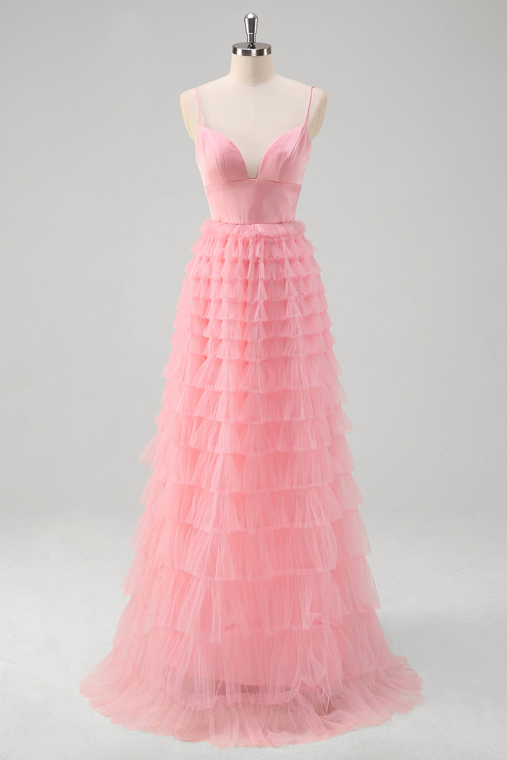 A-Line Pink Tiered Spaghetti Strap Long Prom Dress