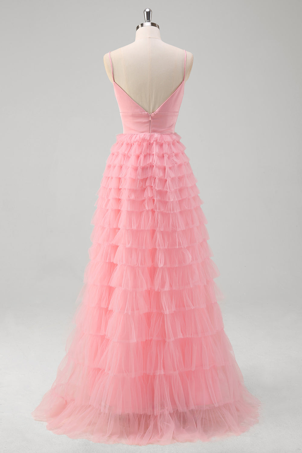 A-Line Pink Tiered Spaghetti Strap Long Prom Dress