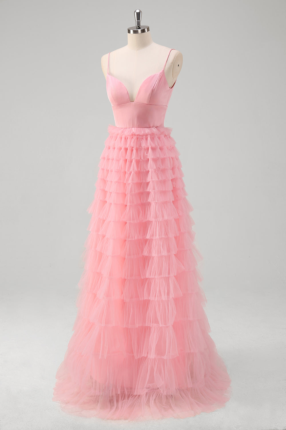 A-Line Pink Tiered Spaghetti Strap Long Prom Dress