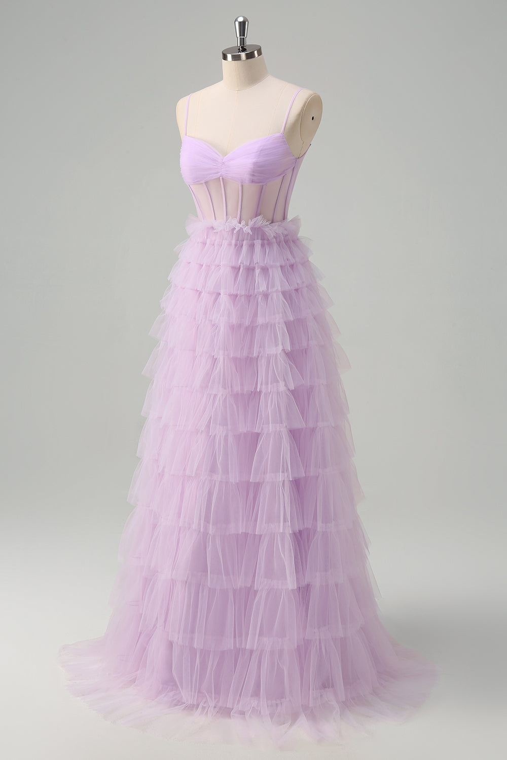 Light Purple A-Line Tiered Corset Sheer Long Prom Dress with Ruffles