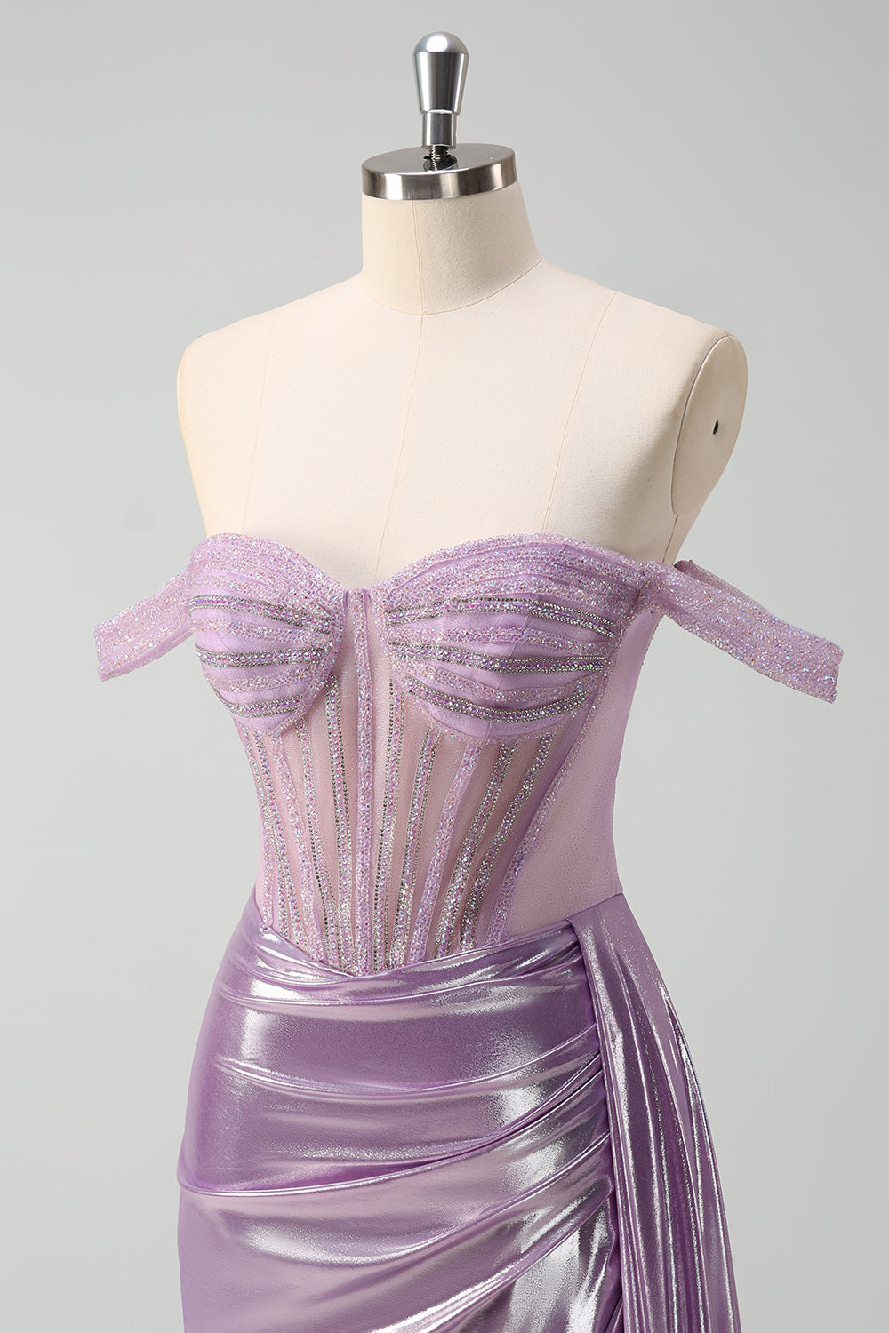 Light Purple Off The Shoulder Watteau Train Mermaid Corset Metallic Prom Dress