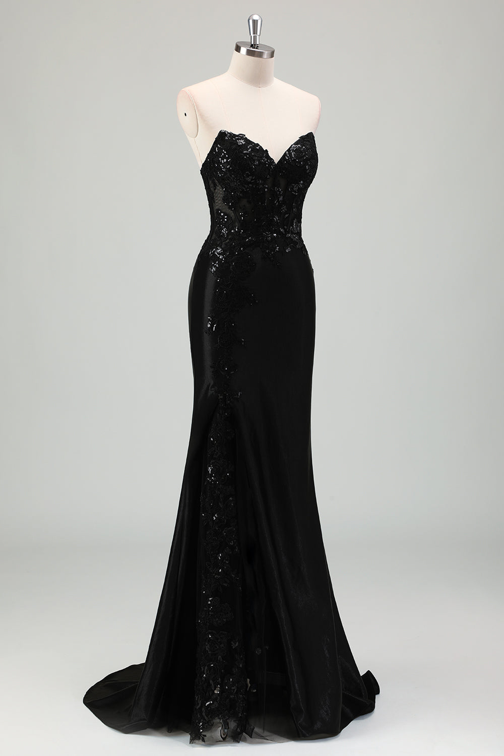 Sparkly Corset Sweetheart Black Long Prom Dress With Slit