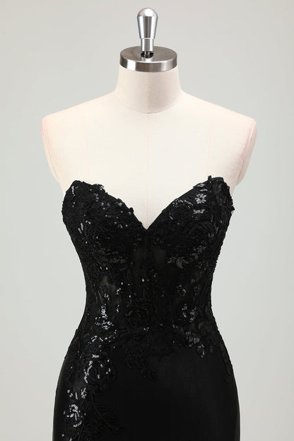 Sparkly Corset Sweetheart Black Long Prom Dress With Slit