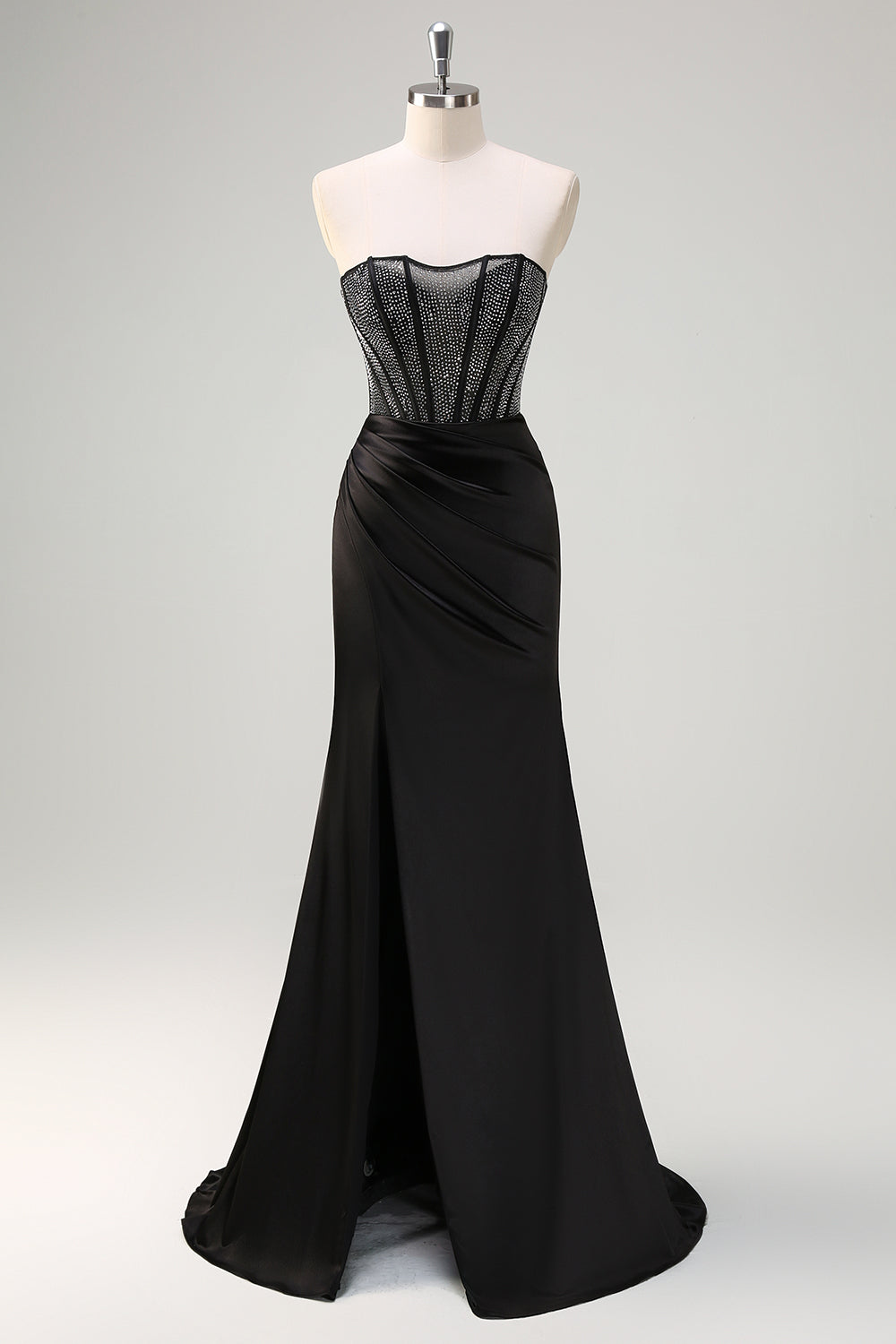 Black Mermaid Strapless Ruched Satin Corset Long Prom Dress with Beading