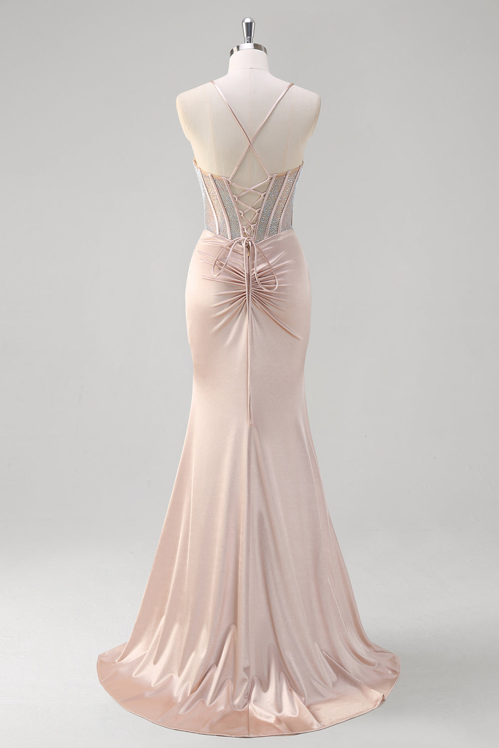 Sparkly Blush Mermaid Spaghetti Straps Corset Long Prom Dress with Slit