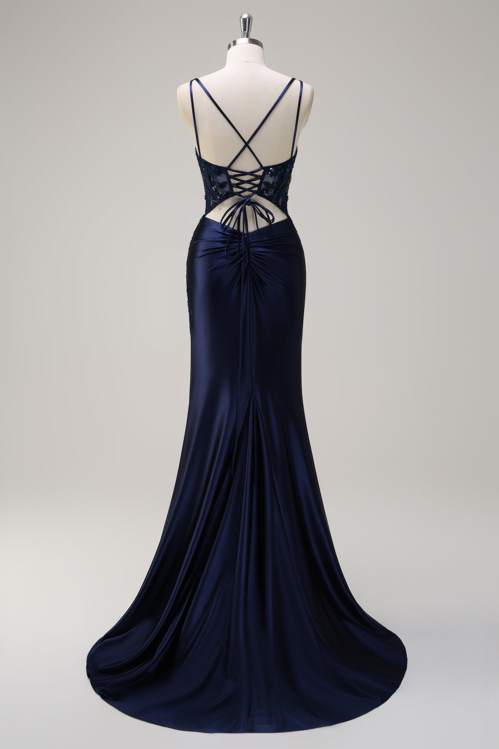 Navy Mermaid Appliques Spaghetti Straps Long Prom Dress with Slit