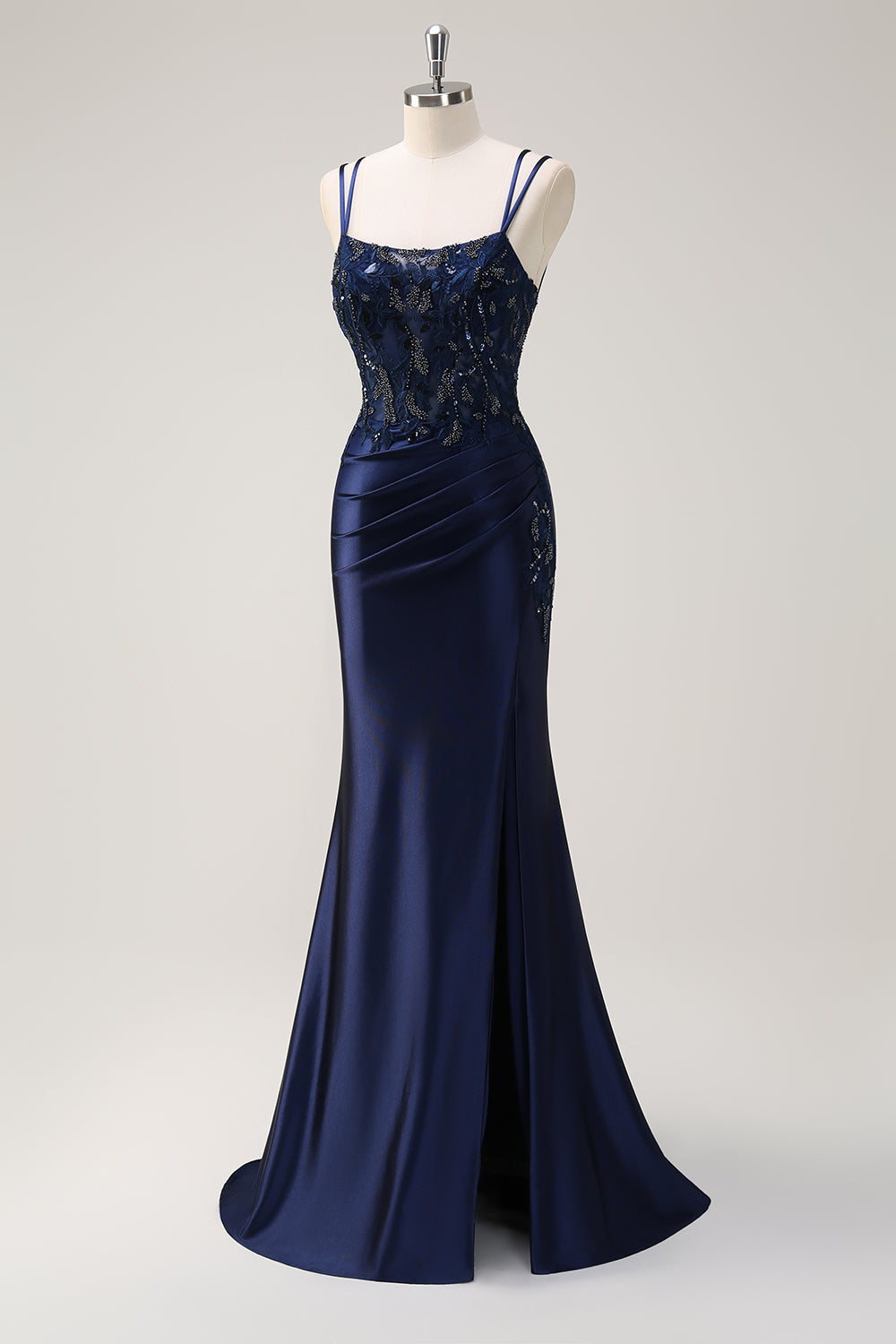 Navy Mermaid Appliques Spaghetti Straps Long Prom Dress with Slit