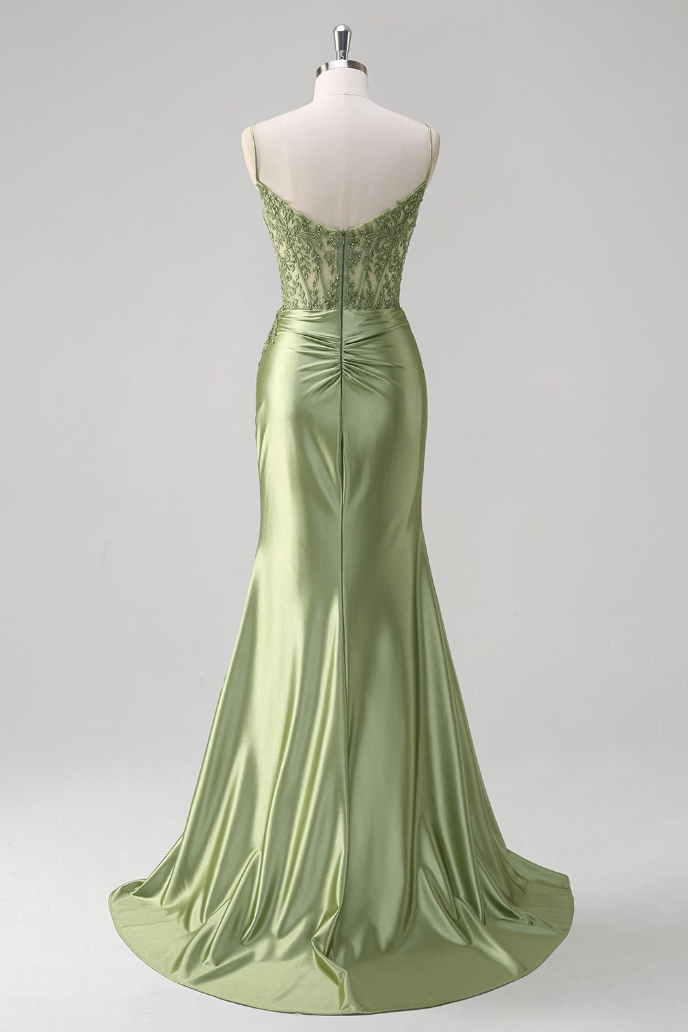 Green Mermaid Appliqued Spaghetti Straps Corset Long Prom Dress with Slit