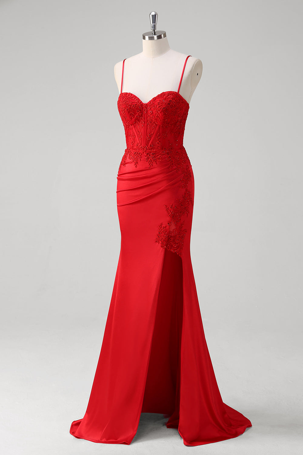 Red Mermaid Applique Spaghetti Straps Long Prom Dress with Slit