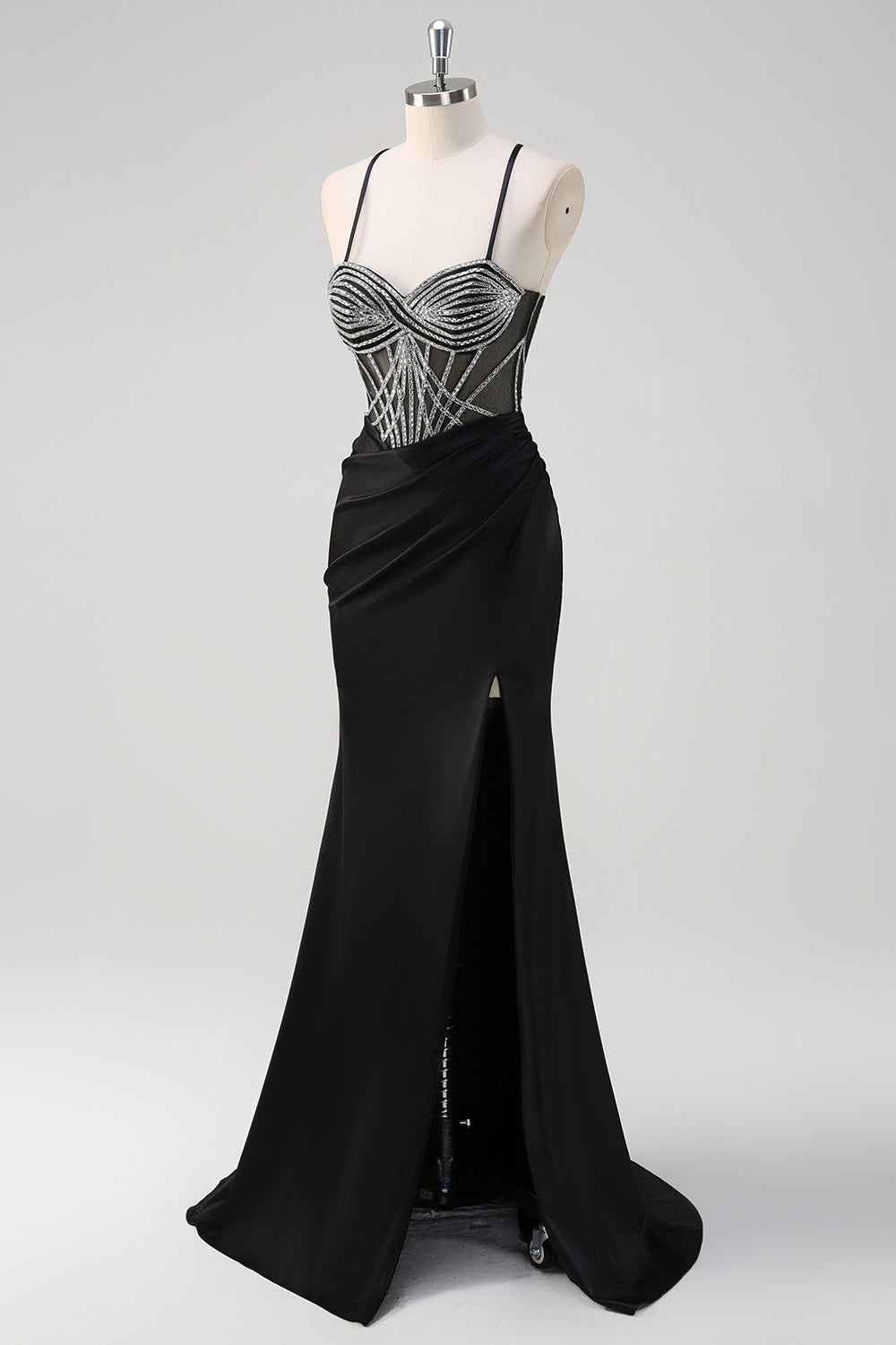 Sparkly Black Mermaid Halter Neck Beaded Long Prom Dress With Slit