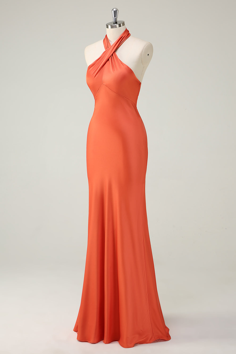 Orange Mermaid Cross Halter Open Back Long Bridesmaid Dress