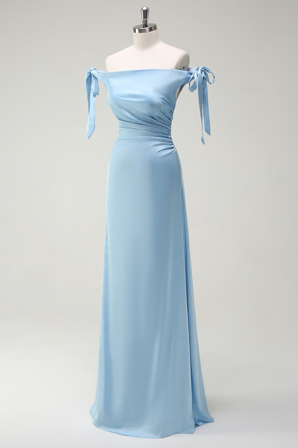 Blue Sheath Off The Shoulder Satin Long Bridesmaid Dress