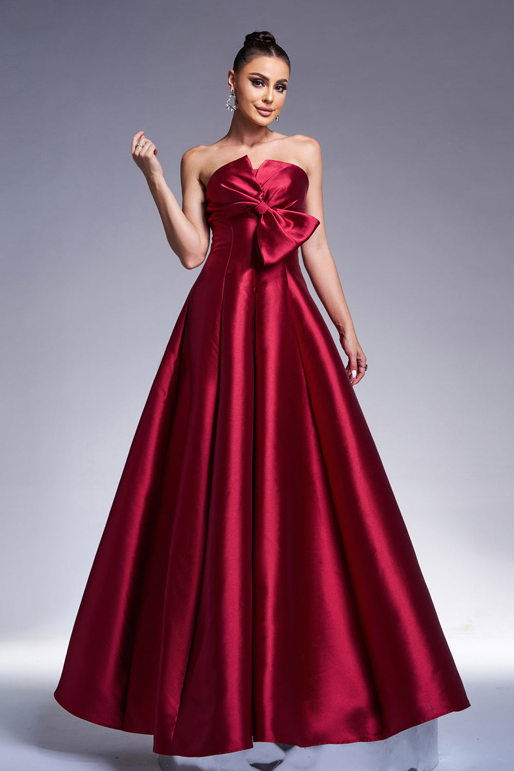 Burgundy A-Line Strapless Satin Prom Dress with Bow