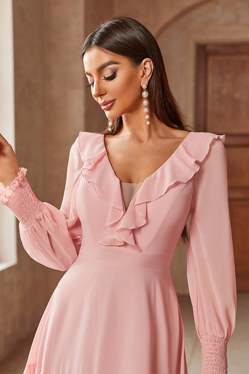 Pink Chiffon V-neck Long Sleeves A-Line Tiered Long Prom Dress