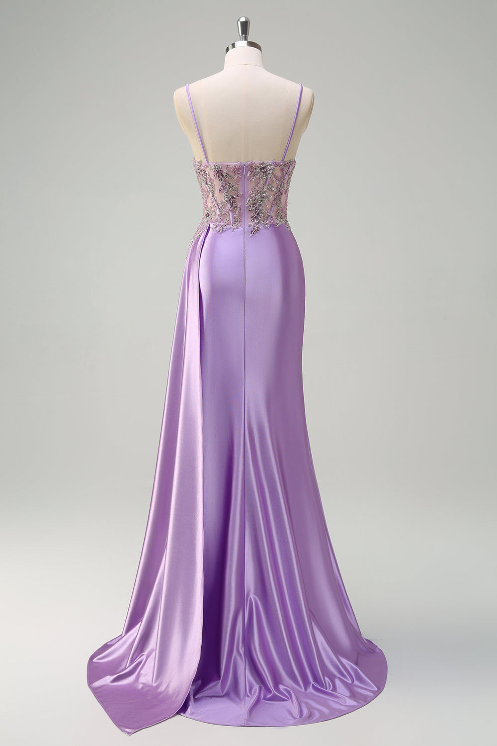 Purple Mermaid Floral Spaghetti Straps Applique Long Prom Dress with Slit