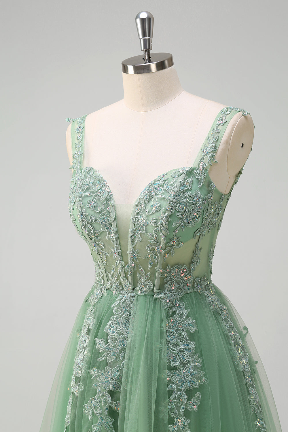 Green Floral A-Line Appliques Corset Tulle Long Prom Dress