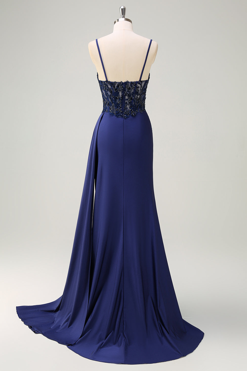 Navy Floral Beaded Mermaid Spaghetti Straps Long Prom Dress with Slit