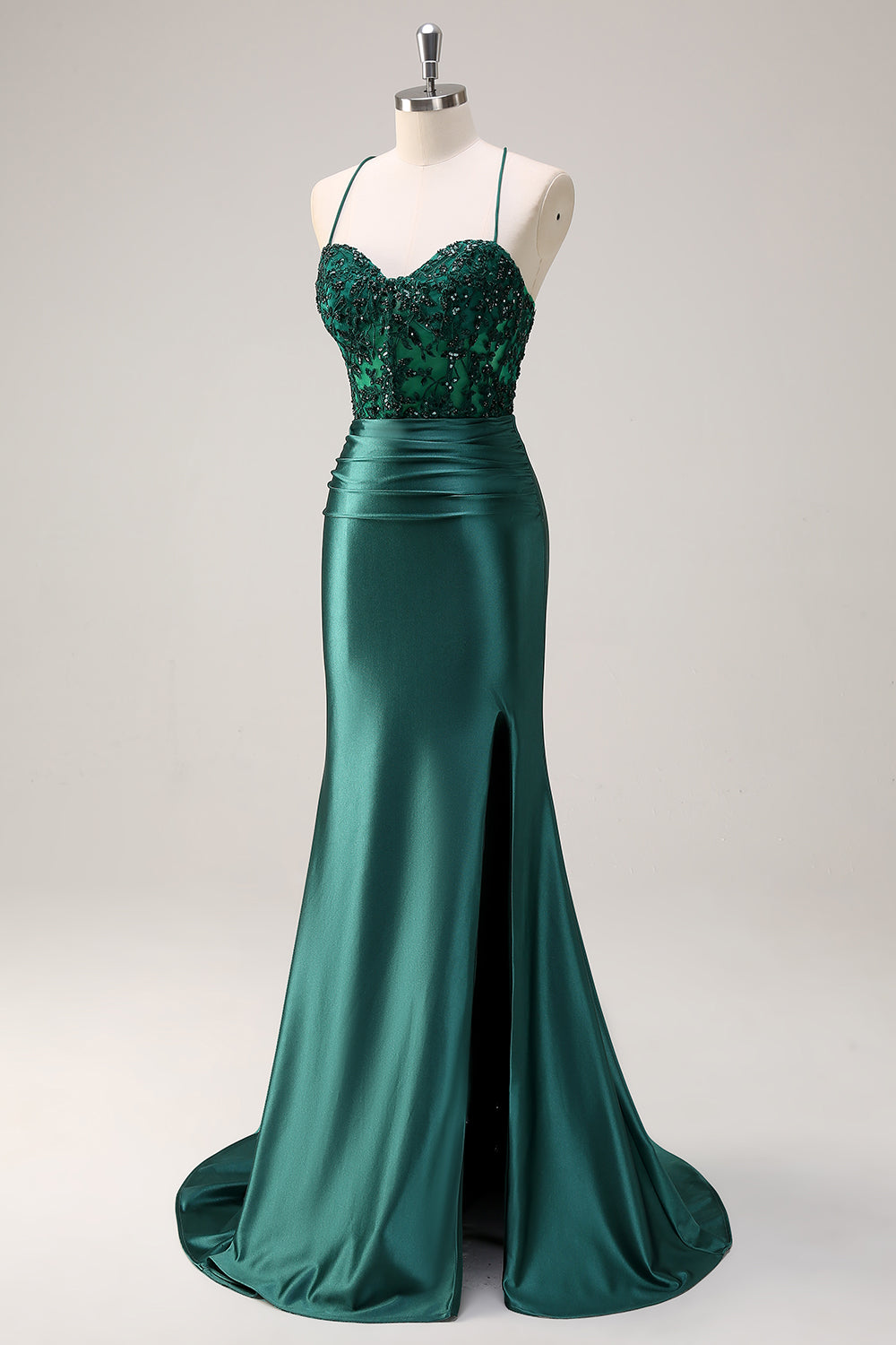 Dark Green Appliques Mermaid Spaghetti Straps Long Prom Dress with Slit