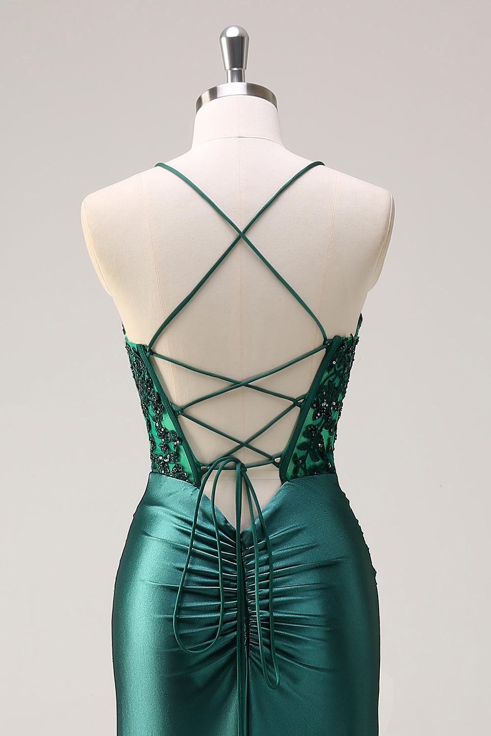 Dark Green Appliques Mermaid Spaghetti Straps Long Prom Dress with Slit