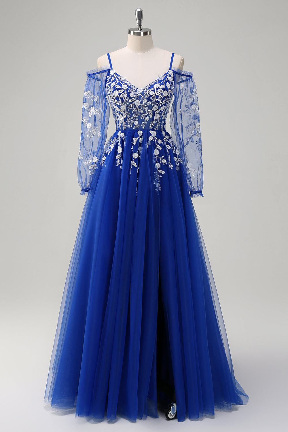 Royal Blue A-Line Cold Shoulder Sequin Applique Long Prom Dress with Tulle Slit