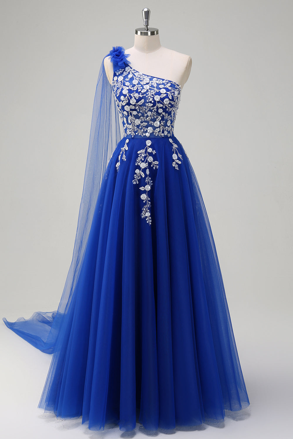 Royal Blue Floral A-Line One Shoulder Corset Long Prom Dress