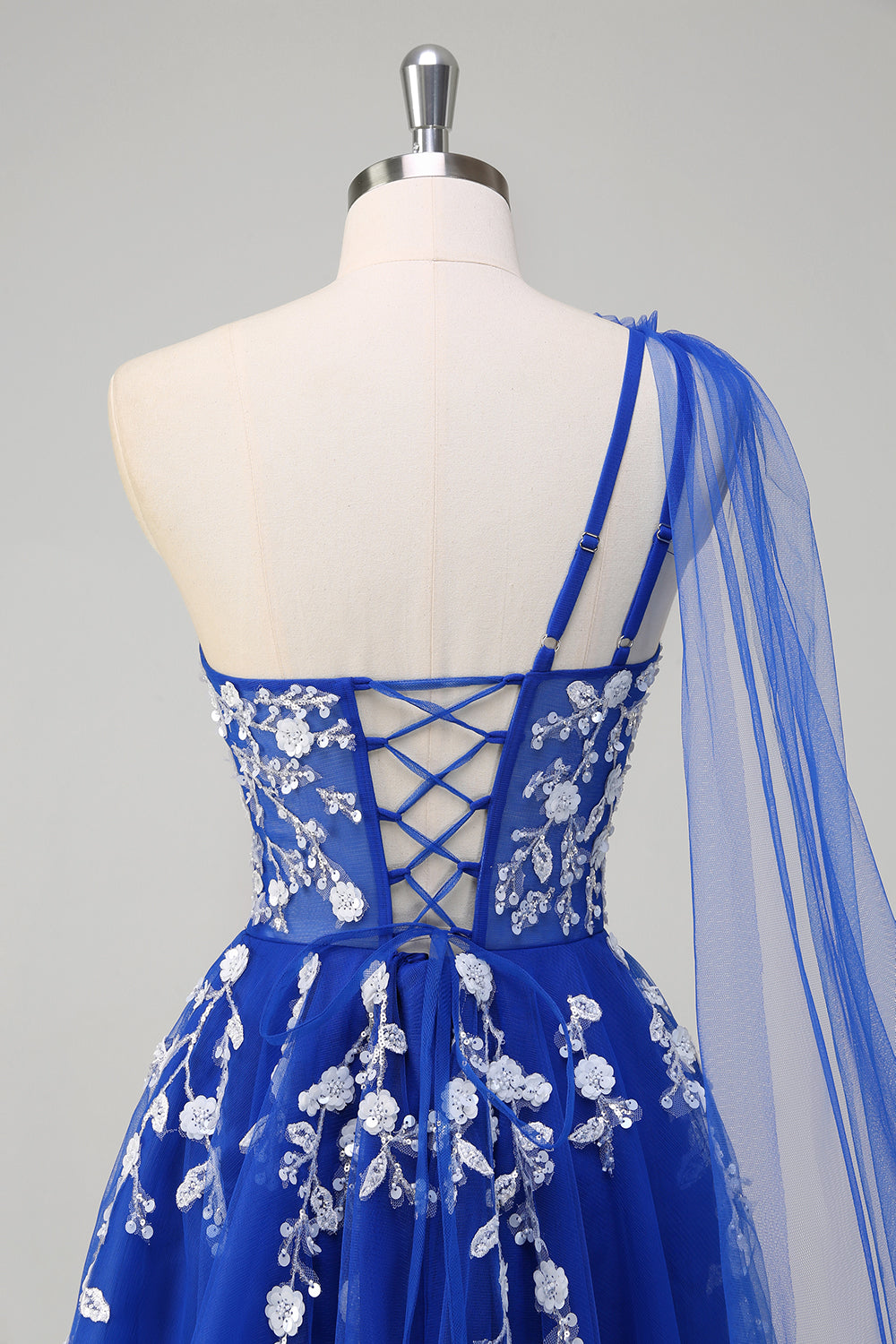 Royal Blue Floral A-Line One Shoulder Corset Long Prom Dress