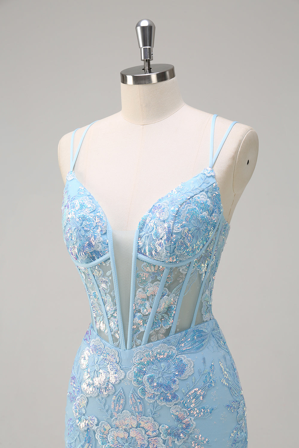 Sparkly Blue Mermaid Appliques Spaghetti Straps Corset Long Prom Dress