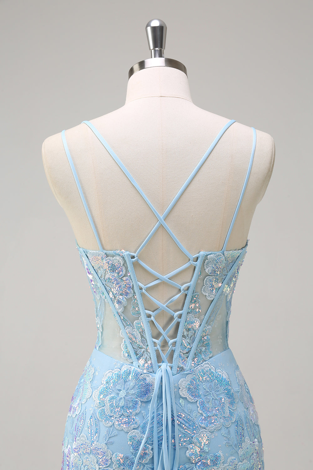 Sparkly Blue Mermaid Appliques Spaghetti Straps Corset Long Prom Dress