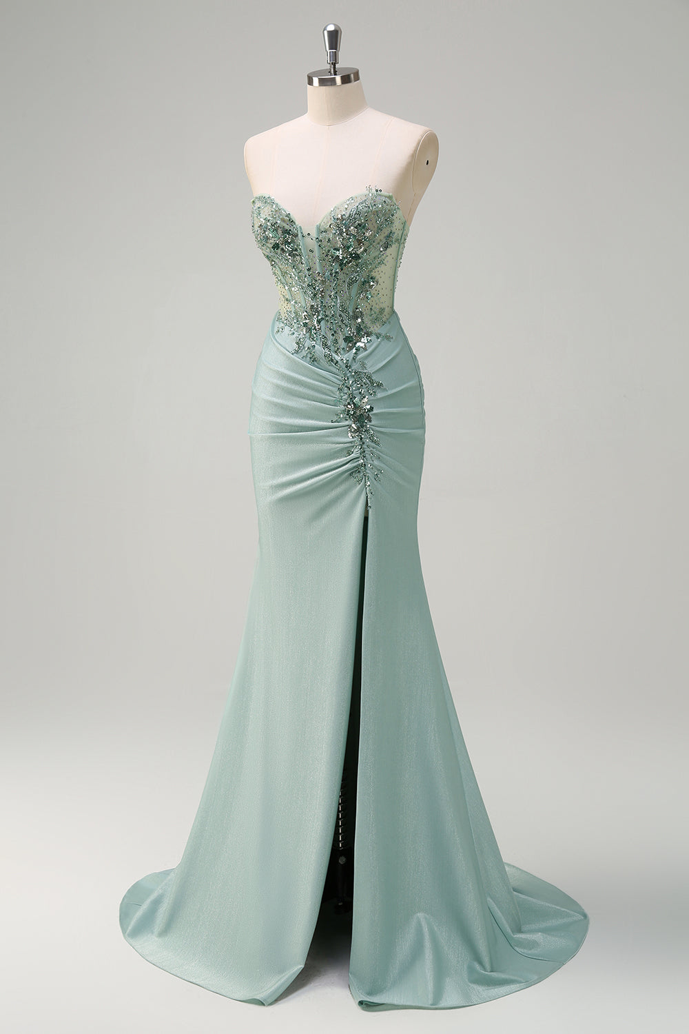 Grey Green Mermaid Sequined Sweetheart Long Prom Dress with Slit