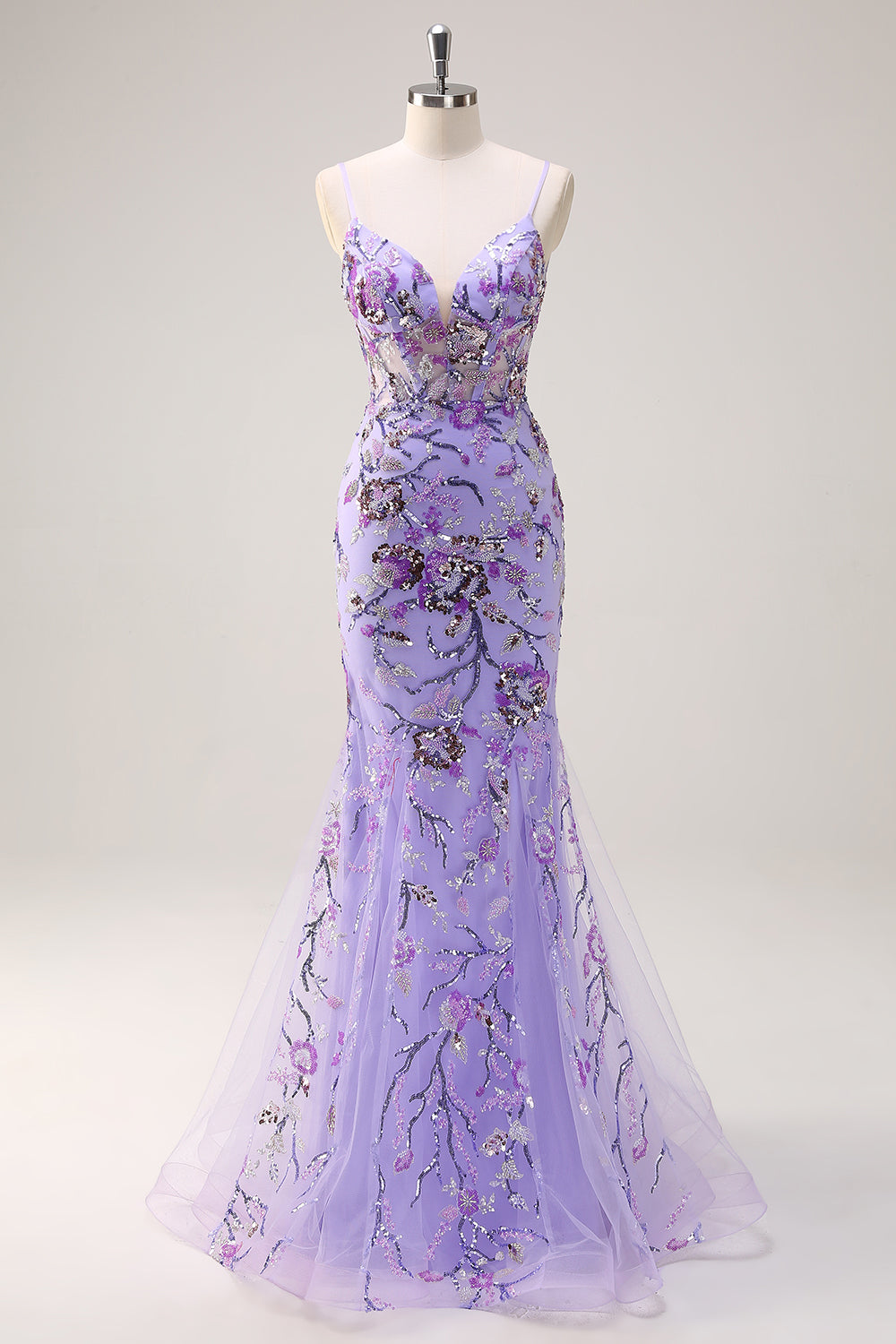 Sparkly Purple Mermaid Beaded Spaghetti Straps Long Prom Dress