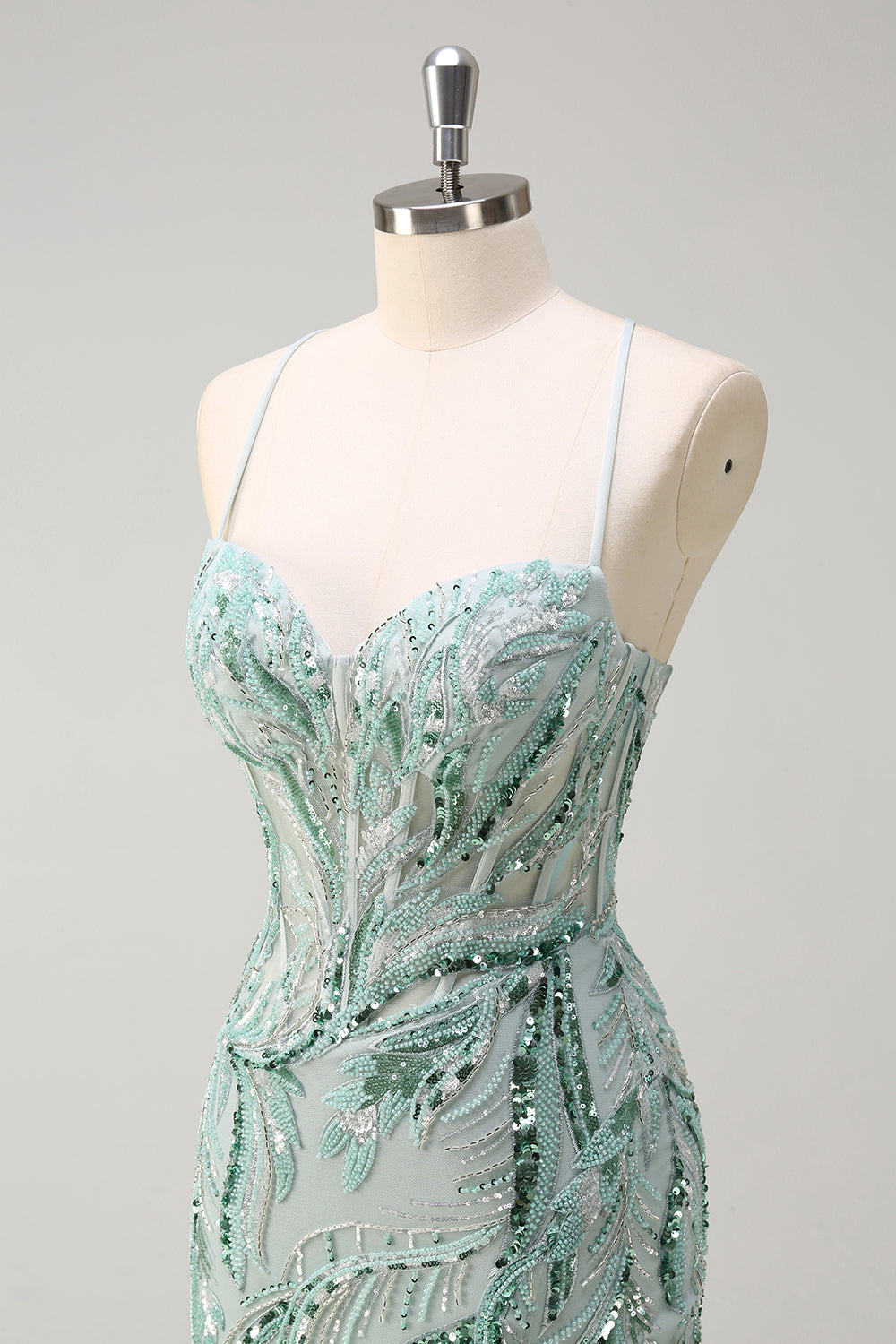 Sparkly Sage Mermaid Sequined Beaded Spaghetti Straps Long Prom Dress