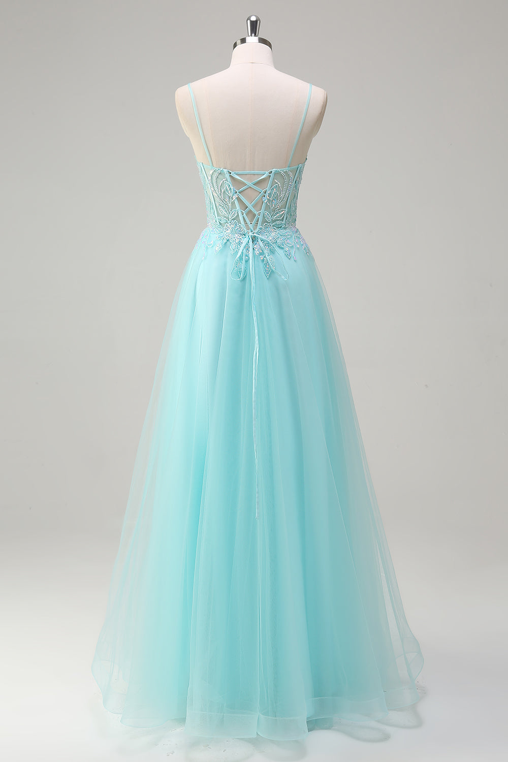 Sky Blue Spaghetti Straps Beaded A-Line Prom Dress with Appliques