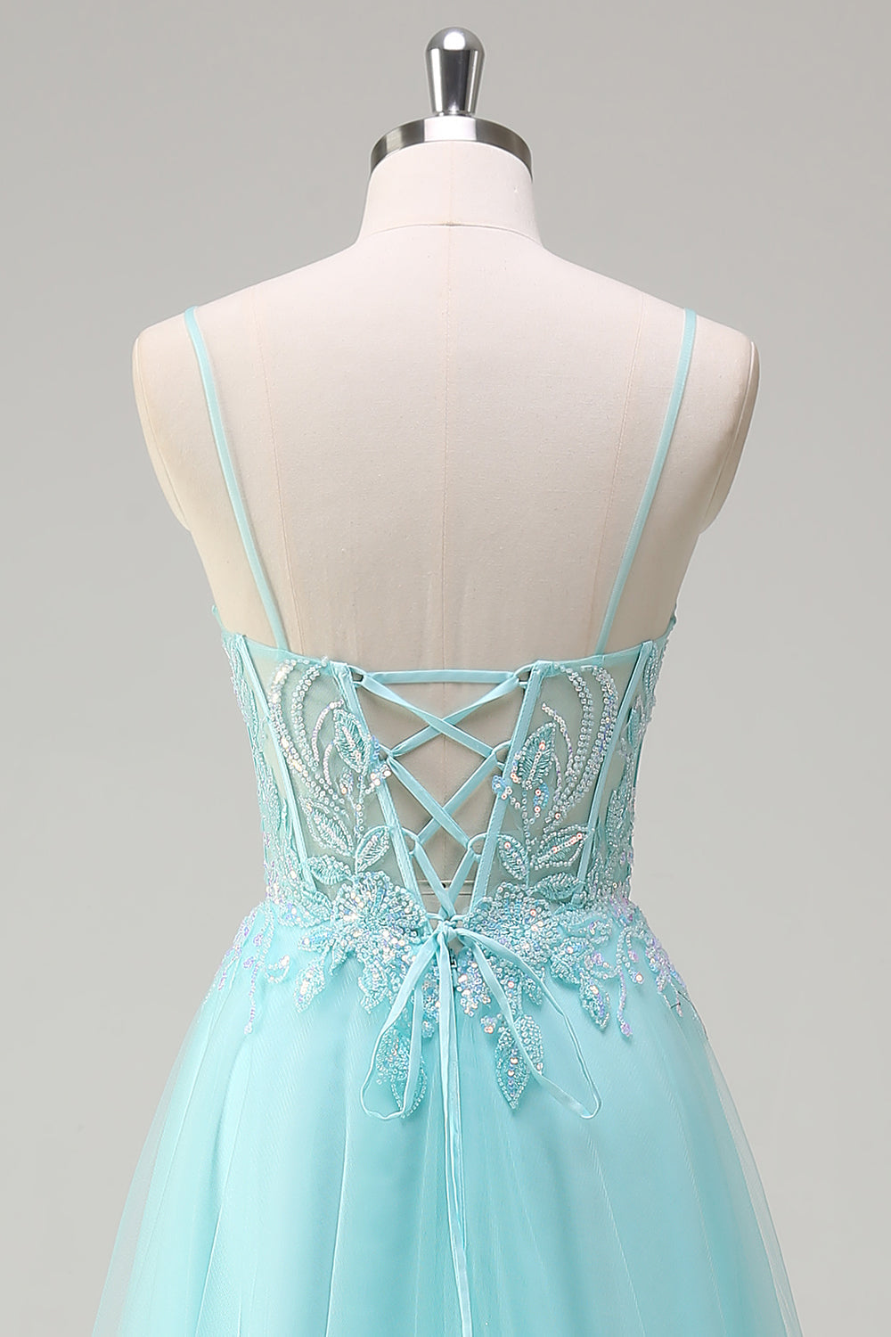 Sky Blue Spaghetti Straps Beaded A-Line Prom Dress with Appliques