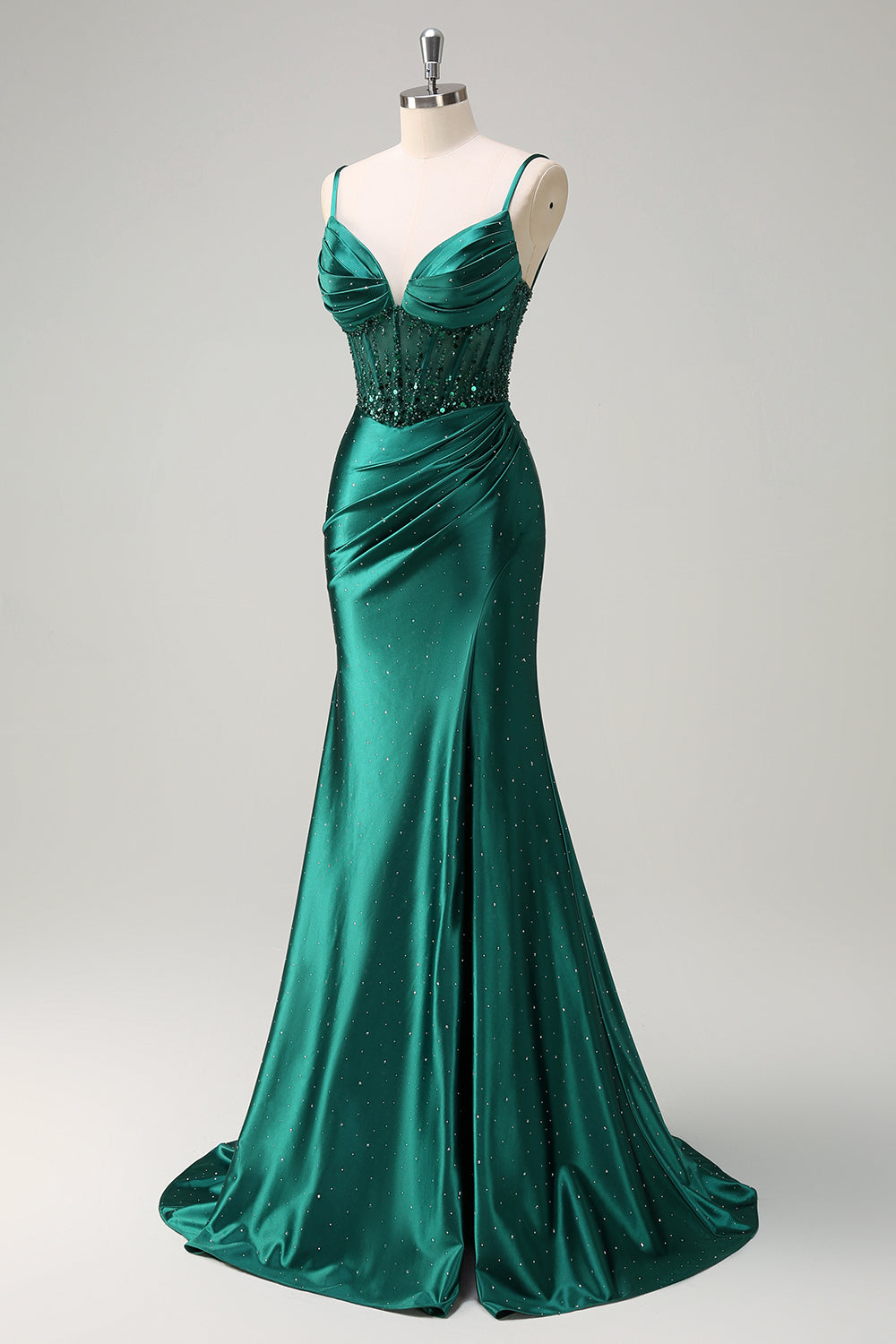 Dark Green Sequined Mermaid Spaghetti Straps Long Prom Dress with Slit