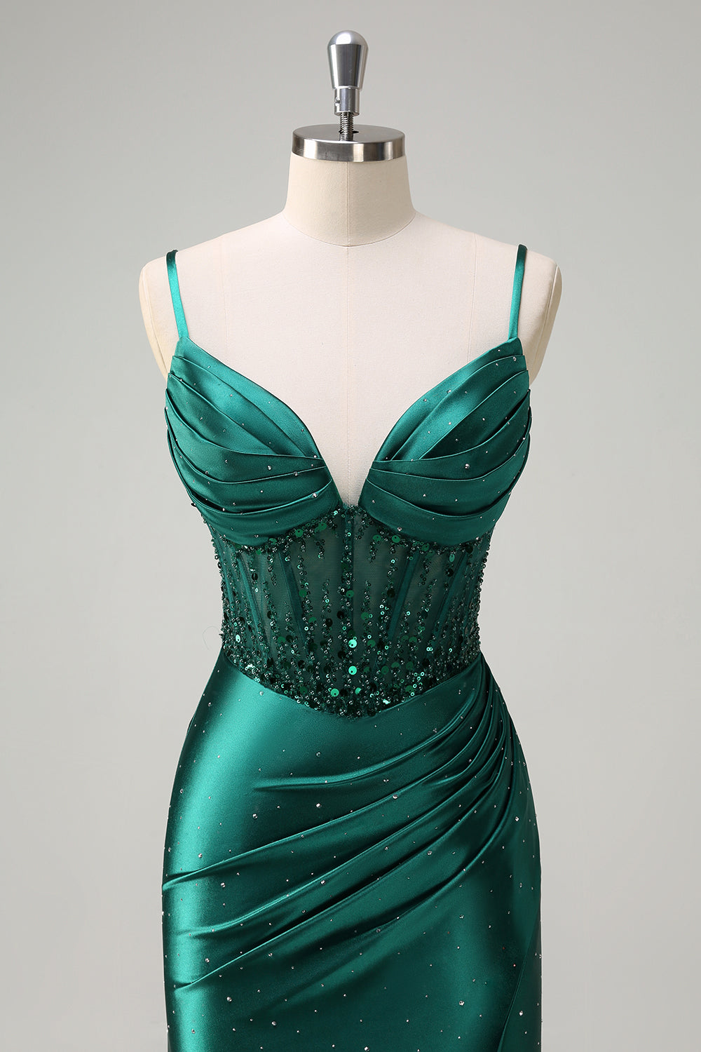 Dark Green Sequined Mermaid Spaghetti Straps Long Prom Dress with Slit