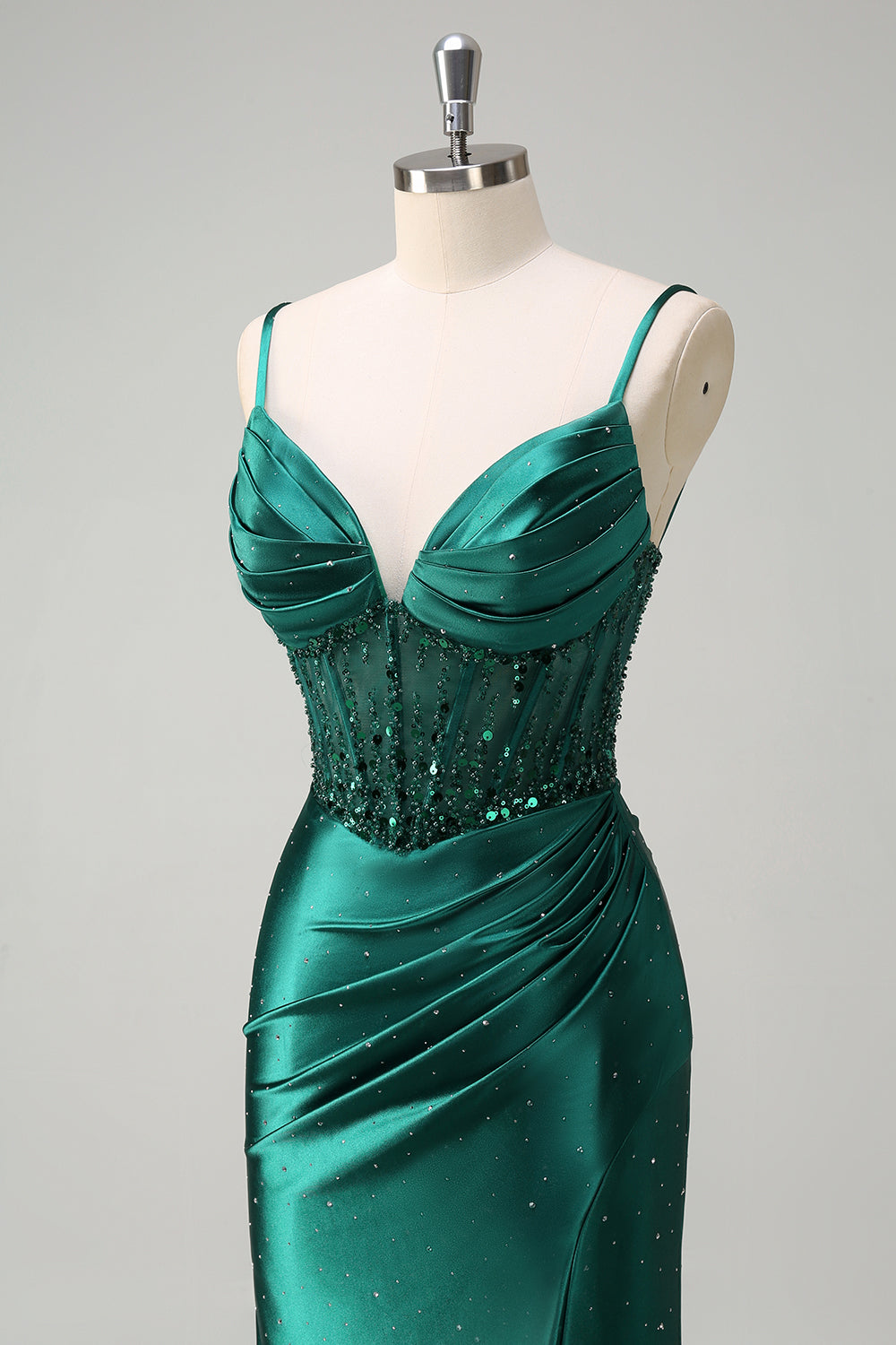 Dark Green Sequined Mermaid Spaghetti Straps Long Prom Dress with Slit