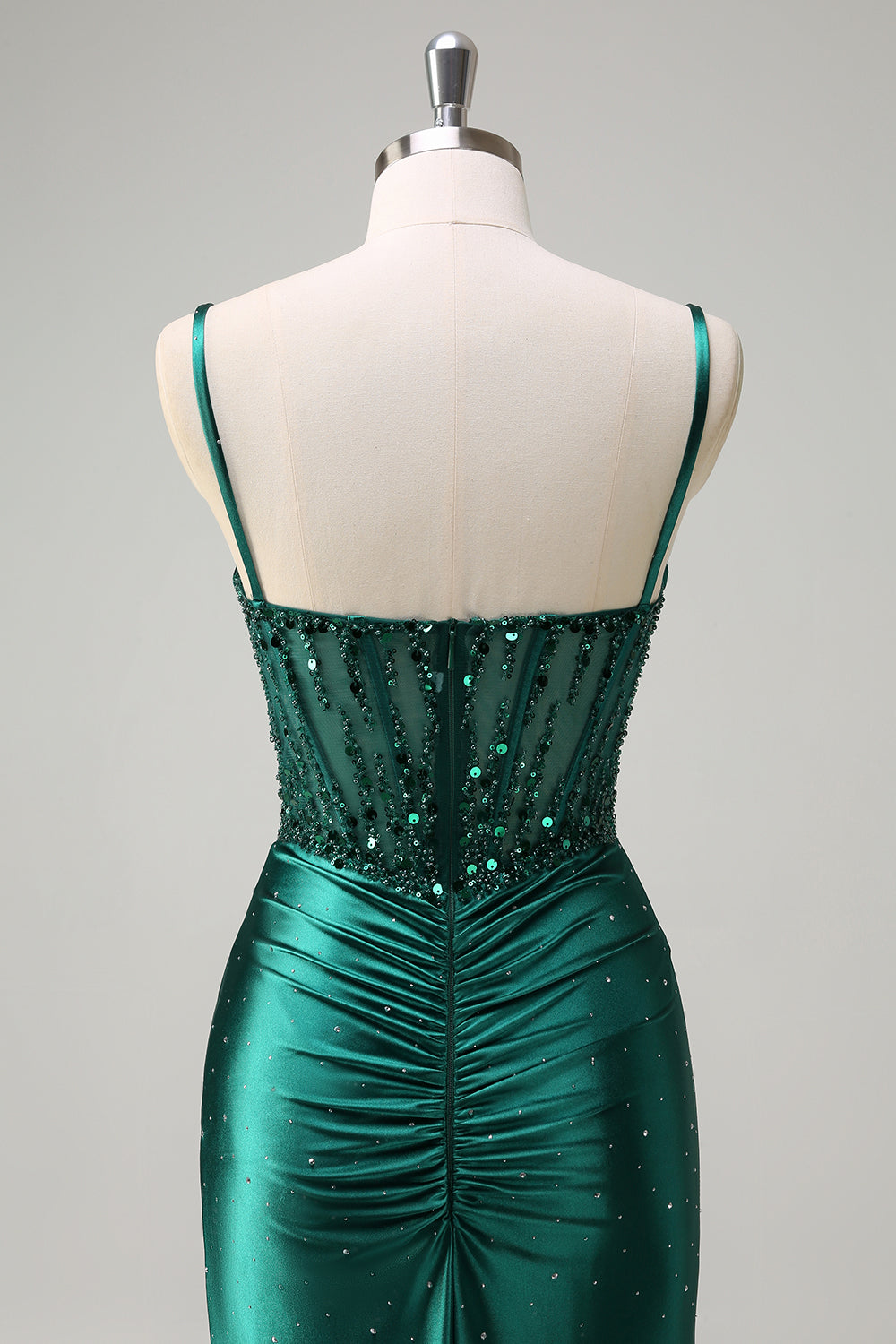 Dark Green Sequined Mermaid Spaghetti Straps Long Prom Dress with Slit