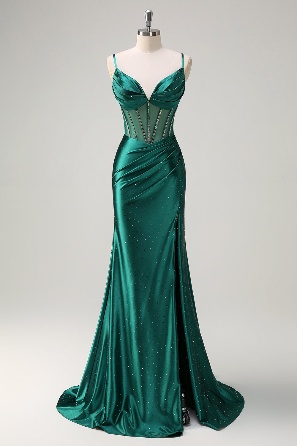 Sparkly Dark Green Mermaid Spaghetti Straps Long Prom Dress with Slit