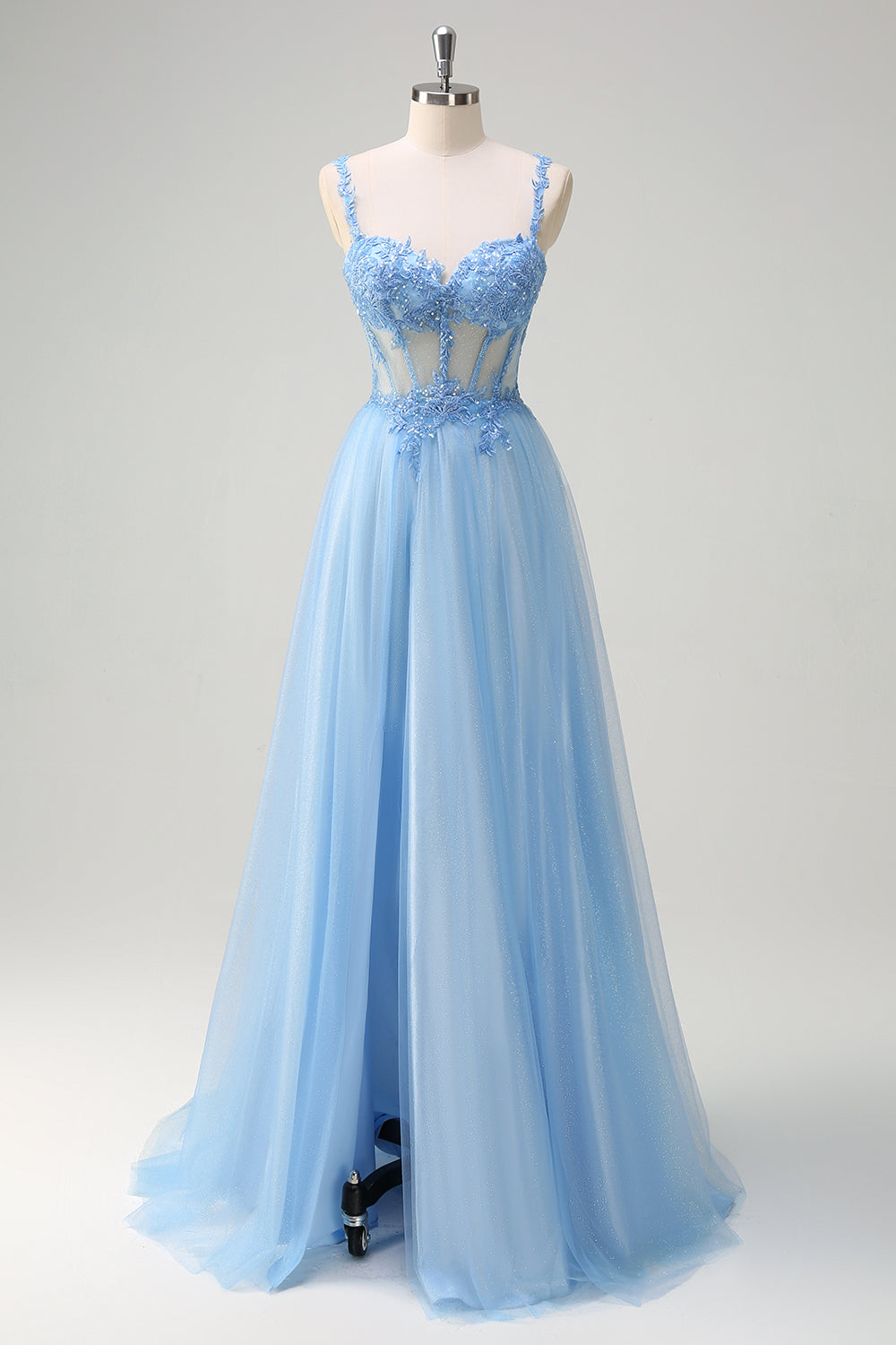 Sparkly Blue Floral A-Line Spaghetti Straps Long Prom Dress with Slit