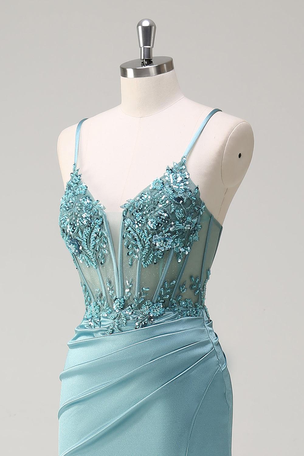 Sparkly Blue Mermaid Corset Prom Dress with Slit