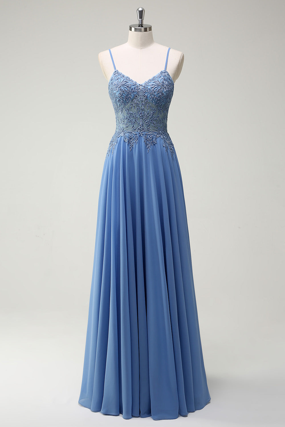 A Line Spaghetti Straps Pleated Long Prom Dress with Appliques