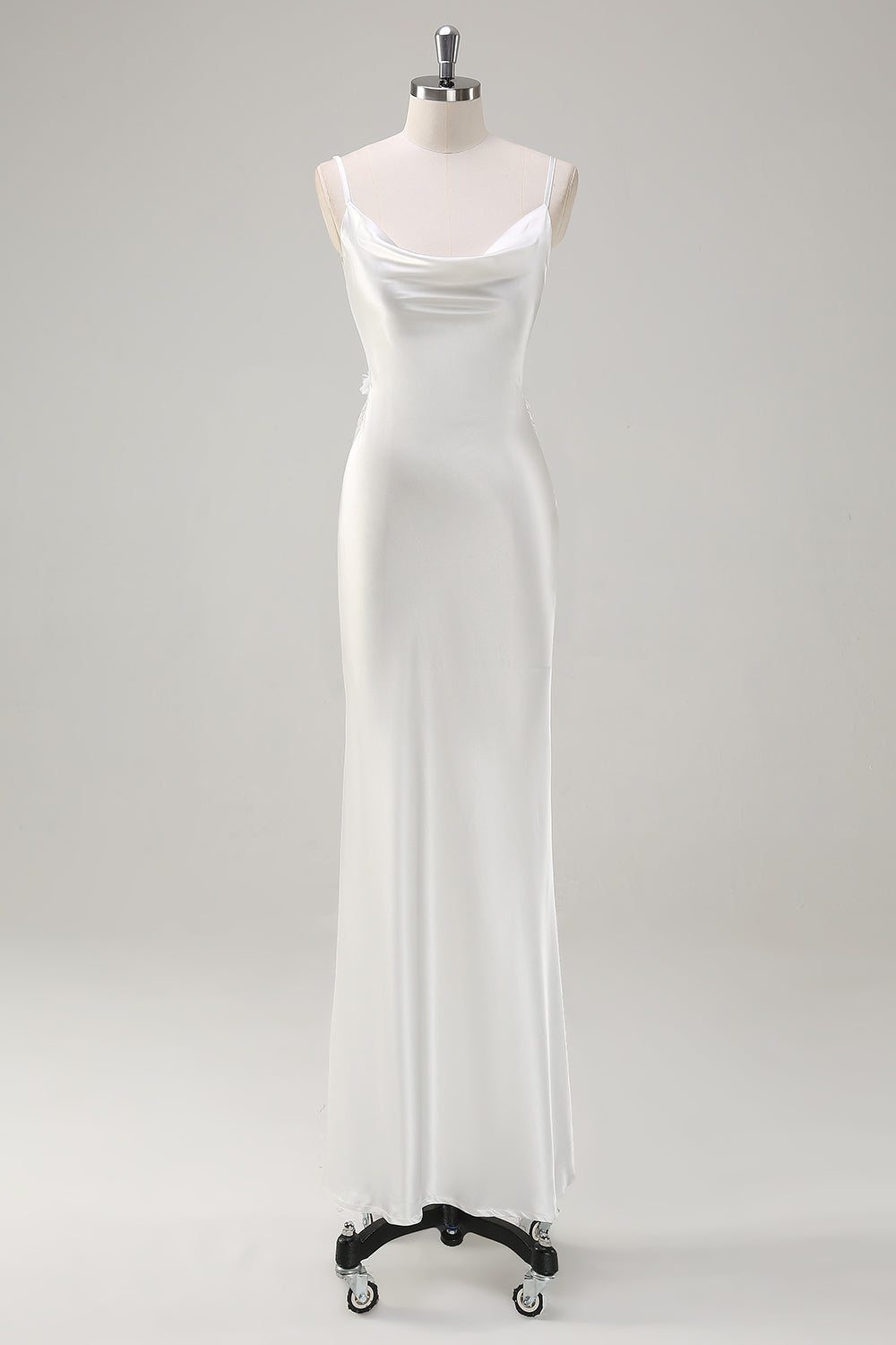 White Satin Cowl Neck Backless Prom Dress